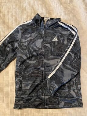 adidas Kids Black & Gray Camouflage-Print Track Jacket with White Stripes size 6